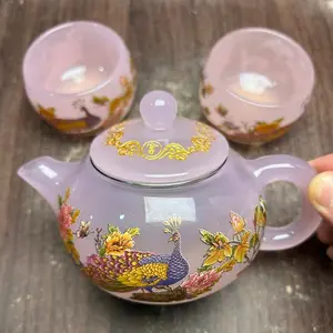 Luminous Pink Teapot Set with Peacock, Floral & Bird Designs (Gold Accents)