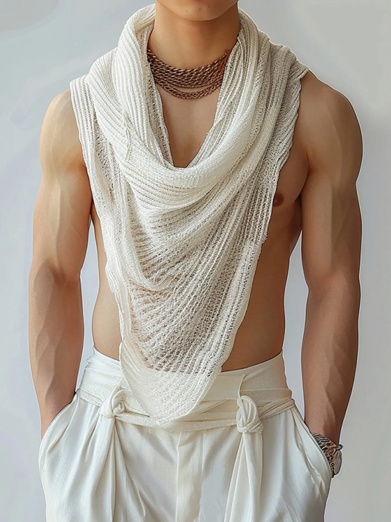 INCERUN Men's Fashion Casual Simple Textured Pointed Hem Sleeveless Vest, Suitable for Daily Wear, Comfortable and Stylish