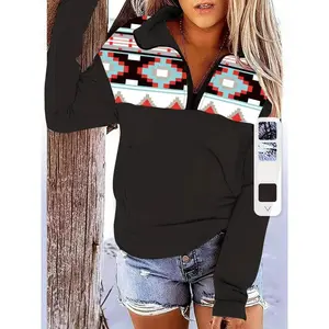 Aztec Print Half Zip Pullover Sweatshirt, Casual Long Sleeve Crew Neck Sweatshirt For Fall & Winter, Women's Clothing