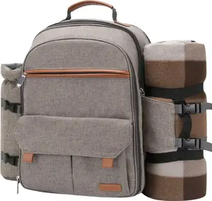 Picnic Backpack for 4 Person with Blanket Picnic Basket Set for 2 with Insulated Cooler Wine Pouch for Family Couples (Brush Beige)