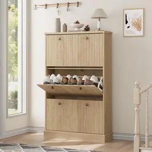 Shoe Cabinet with 3 Flip Drawers  Modern Narrow Wave Shoe Organizer with Adjustable Shelves  Wooden Freestanding Shoe Cabinet for Entryway  Living Room  Hallway  Natural Oak