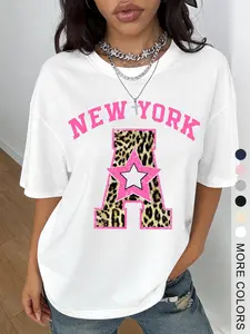 Women's Y2K Style New York Letter Leopard Print Loose Fit T-Shirt, Casual Daily Wear Short Sleeve Top, Comfortable Fashion Tee