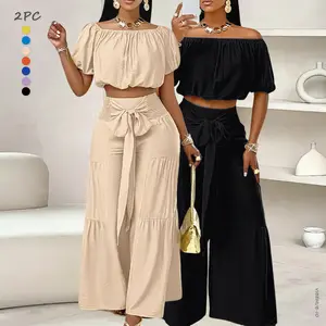 2PC Women's Solid Color Top & Wide Leg Pants Set, Casual Off Shoulder Top & Palazzo Pants for Summer, Ladies Clothes for Beach Holiday Vacation, Womenswear