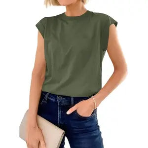 Womens Cap Sleeve Cotton Tank Tops Summer Casual Loose Fit T Shirts Crew Neck Basic Tee