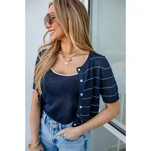Two-for-One Stripe Cardigan Set - Navy/Tan