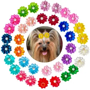 36 Pcs Pearls Flowers Topknot Dog Bows Pet Head Flower Dog Flower Bows for Puppy Yorkie Dog Hair Accessories Fashion Accessories