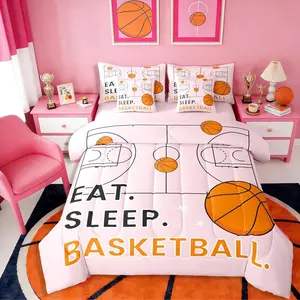 Basketball Pink Comforter Set with Sheets 7 Piece Fashion Ball Sports Bed in A Bag Girly Sports Ball Game Bedding Set,for Women Men Basketball Court Printed Bed Set