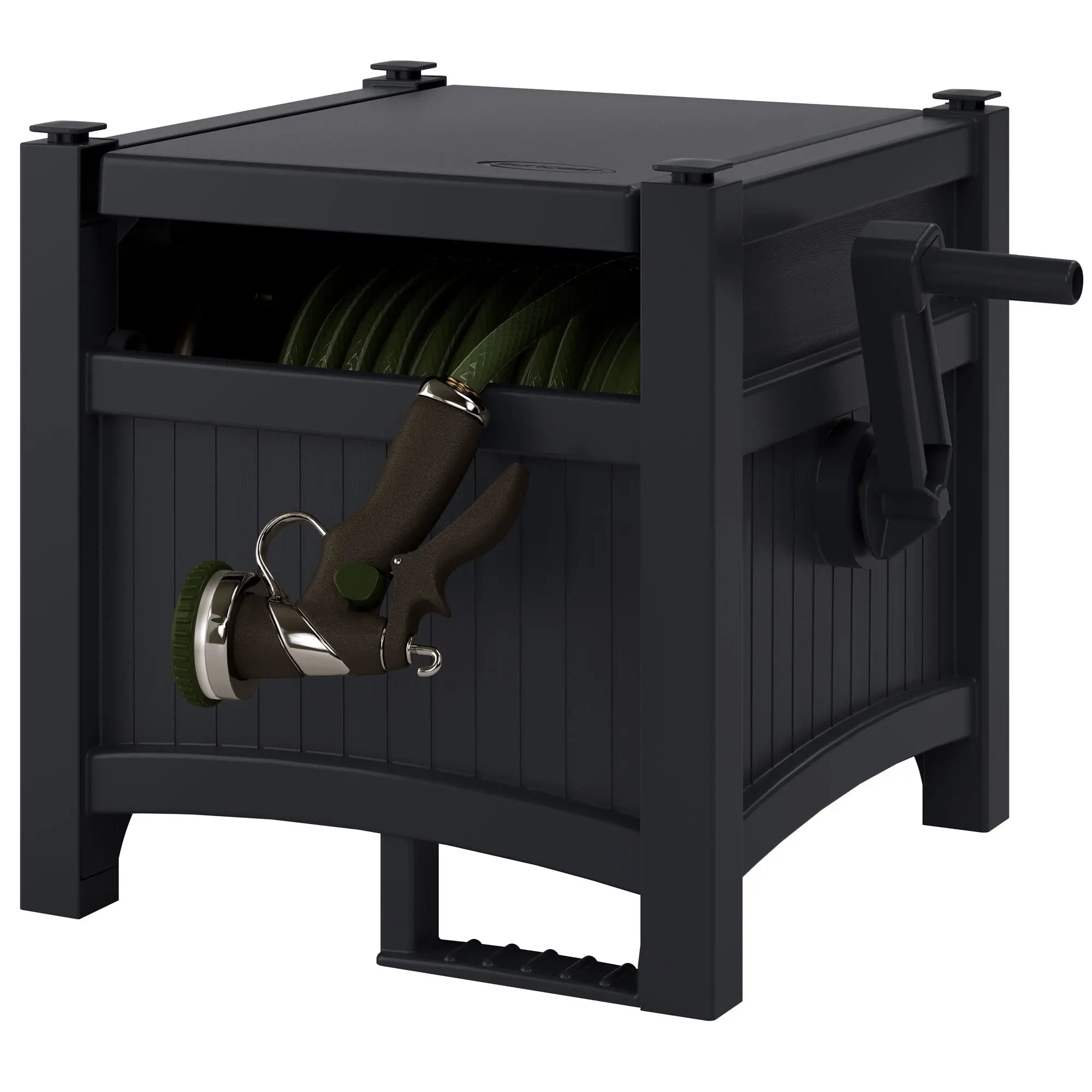 Suncast 100 ft Garden Hose Hideaway Reel Box, Durable Resin Hose Storage with Side Crank Handle, Black