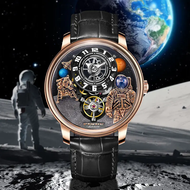 Luxury Men's Astronaut Moon Watch Sapphire Crystal Case Unique Style Analog 22mm Stainless Steel Band Hollow Mechanical Design