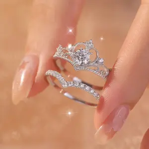 925 Sterling Silver 2 PCS Set Fashion Crown Hollow Out Design Ring, Fashion Jewelry for Party, Daily Clothing Decor, Trendy All-match & Exquisite Jewelry for Mother's Day Gift