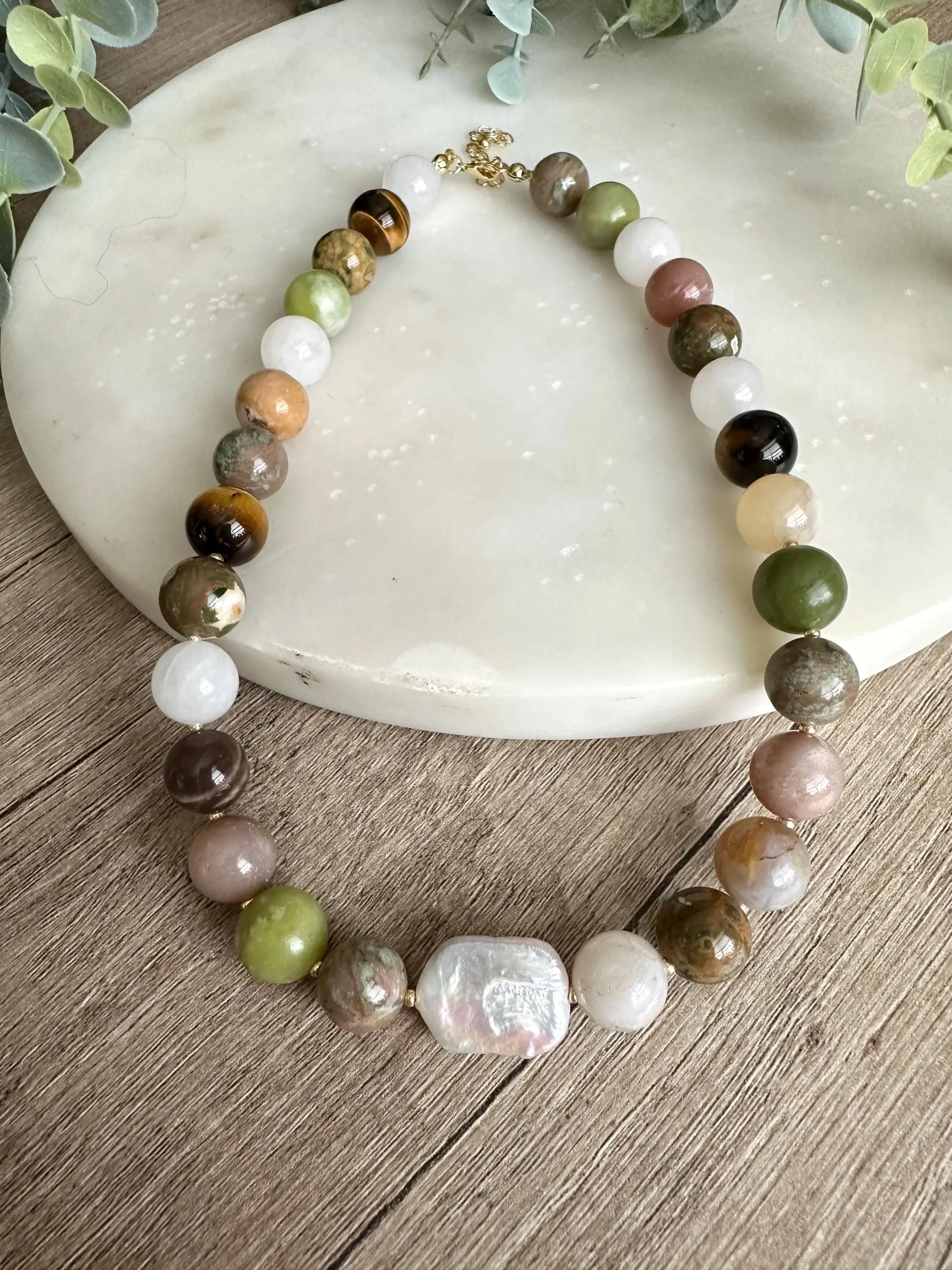 Mixed Gemstone Statement Necklace with Baroque Pearl, 12mm Natural Stone Necklace, One of a Kind Jewelry, Gold Filled