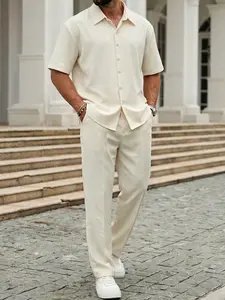 Men's Casual Solid Color Plain Short Sleeve Shirt and Long Pants Set, Plus Size, Minimalist Style, Daily Wear, Comfortable Fit, Fashion Design, Trouser, Menswear