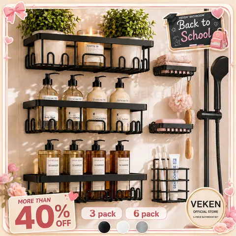 【Veken】 3/6-Pack Life-Changing Rustproof Shower Caddy, Effortless No-Drill Wall Shelves with Soap Holder, End Bathroom Clutter for Good, Multi-use Kitchen & Home Storage
