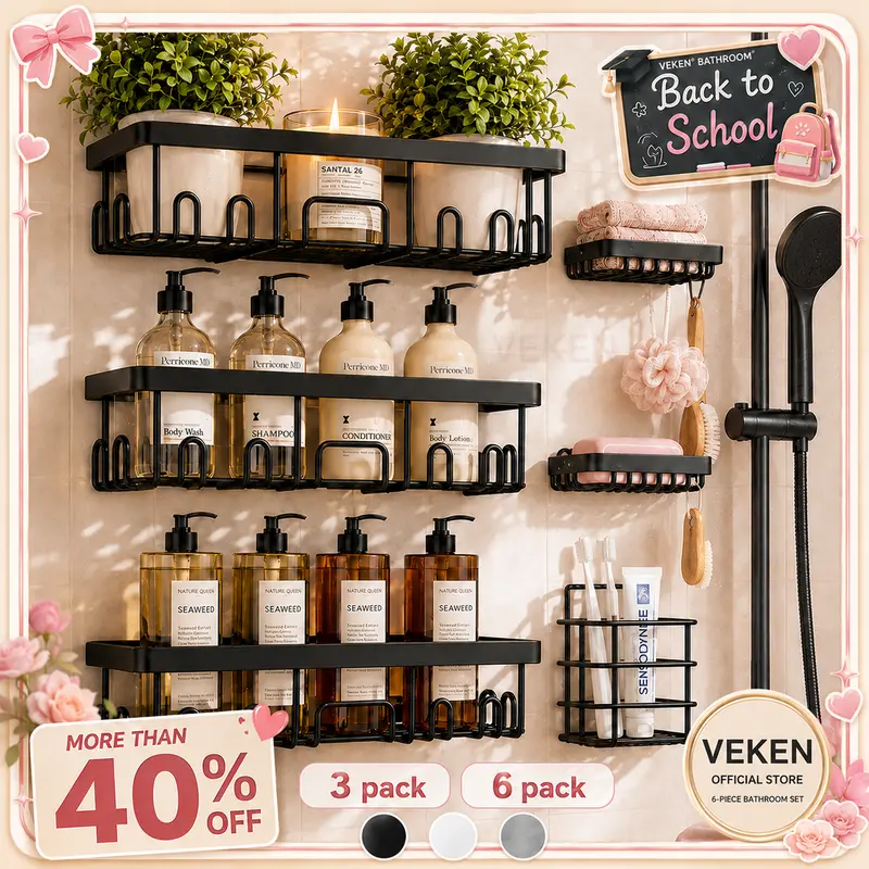 【Veken】 3/6-Pack Life-Changing Rustproof Shower Caddy, Effortless No-Drill Wall Shelves with Soap Holder, End Bathroom Clutter for Good, Multi-use Kitchen & Home Storage