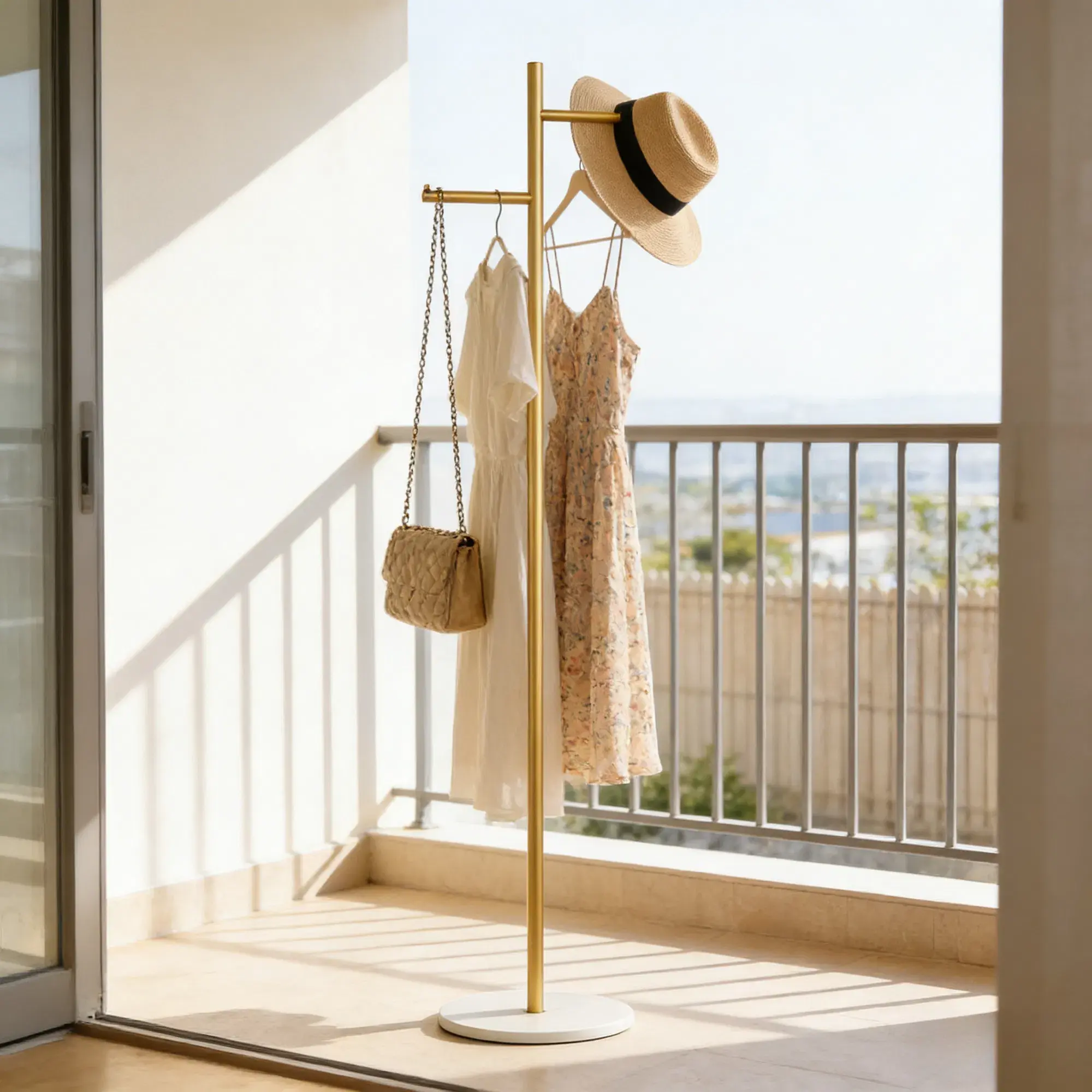 65-inch coat rack, gold-plated metal freestanding heavy-duty coat rack with marble base, multi-functional coat rack, suitable for bedroom, hat, scarf, coat and other artistic storage.