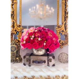 Large Exclusive Real Touch Rose Orchid Hydrangea Centerpiece in Gold Vase