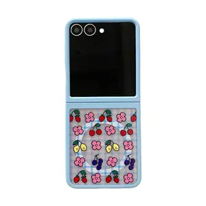 INS Korean-style fresh flower, strawberry, and tomato theme phone case for Galaxy Samsung Zflip 7 with foldable screen, Zflip 6/5 magnetic holder, anti-drop protection cover, and bracelet