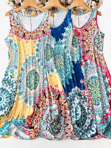 Plus Size Womenswear Women's Full Print Floral Ethnic Sleeveless Casual Summer Vest Dress Set, 3 Piece Basic Tank Dresses, Perfect for Vacation and Home Use