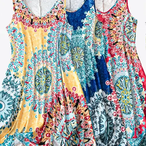 Plus Size Womenswear Women's Full Print Floral Ethnic Sleeveless Casual Boho Romantic Chic Beach Sundress, Summer Vest Dress Matching Set, 3 Piece Basic Tank Dresses, Perfect for Vacation and Home Use