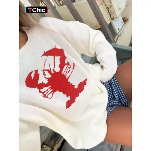 Women's Casual Soft Knit Sweater, Lobster Round Neck Long Sleeve Pullover, Loose Fit Autumn Winter Fashion