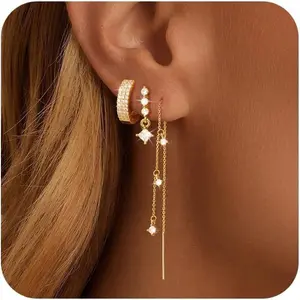 Chain Earrings for Women 3/4 Pairs Dangle Dainty Stack 14K  Plated Hoop Earrings Set Trendy  Cubic Zirconia Stud Earrings for Women
