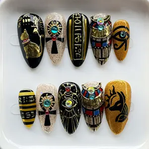 Ancient Egyptian Gold Press On Nails | Ankh Symbol & Scarab Art Luxury 3D Nail Set with Mystical Charms | Handmade Reusable Gothic Egyptian Nail Design