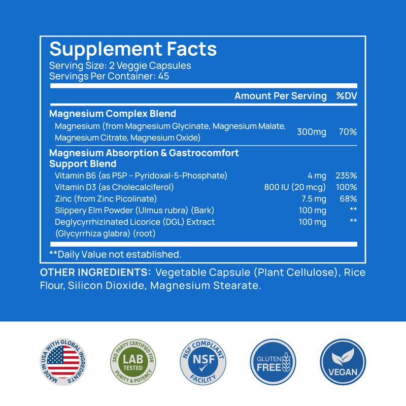Selerb Magnesium Complex 300mg – 4 Types of Magnesium with B6, D3, Zinc, Slippery Elm – Sleep, Relaxation & Muscle Suppor Dietary t – 90 Capsules Healthcare Fitness Edible