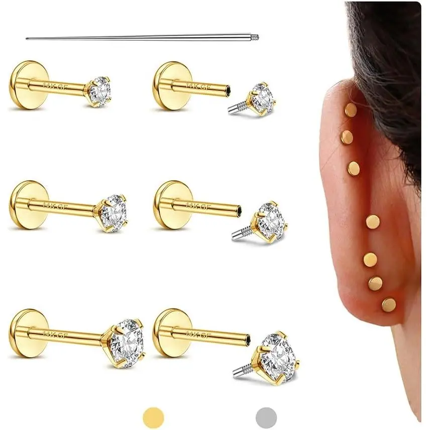 Unisex Flat Back Thread Stud Earrings - 14K Gold Filled, 316L Stainless Steel, 16G/18G Hypoallergenic Body Jewelry with 1pc Thread Insertion Pin, 6mm/7mm, 16G(1.2mm)-2/3/4mm Thick CZ Sleep Jewelry for Helix/Conch Piercings, Helix Piercing Jewelry
