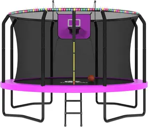 ACWARM HOME Trampoline Outdoor  10FT 12FT 14FT  Trampoline with Basketball Hoop and LED Lights, Recreational Trampolines for Kids and Adults with Enclosure Net & Ladder, ASTM Approved