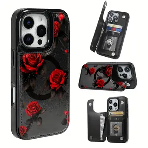 Creative Red Rose Romantic Pattern Leather Card Holder Phone Case, Suitable for iPhone 17 Air/16 Plus/15 Pro Max/14 Pro/13/12/11/XS Max/X Phone Case, Perfect Gift for Thanksgiving and Christmas for Family, Friends, Lovers, Boyfriend, Girlfriend
