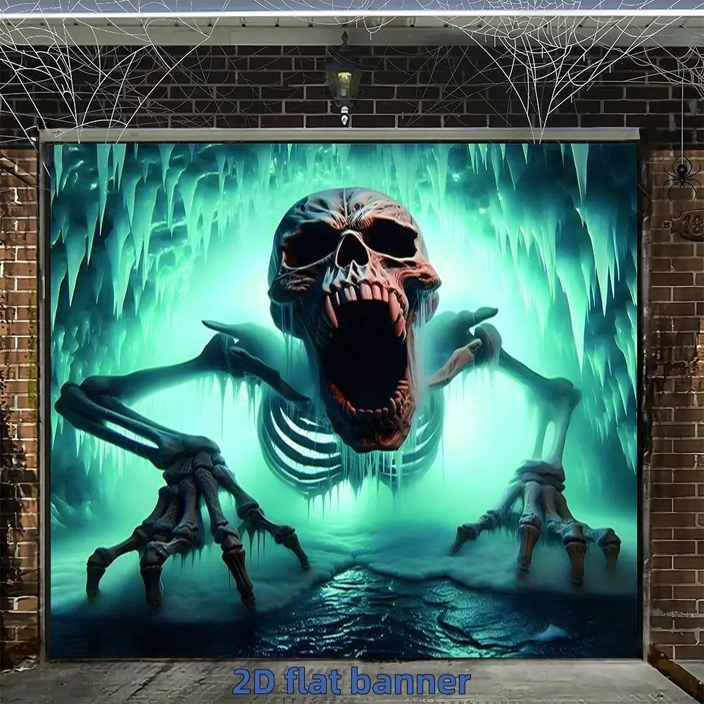 1pc Halloween 2D Flat Polyester Garage Door Banner - Skull Print Outdoor Banners, Opening Mouth Skull, Stretched Hands Skeletons, Halloween Party Supply, Home Outdoor Decoration