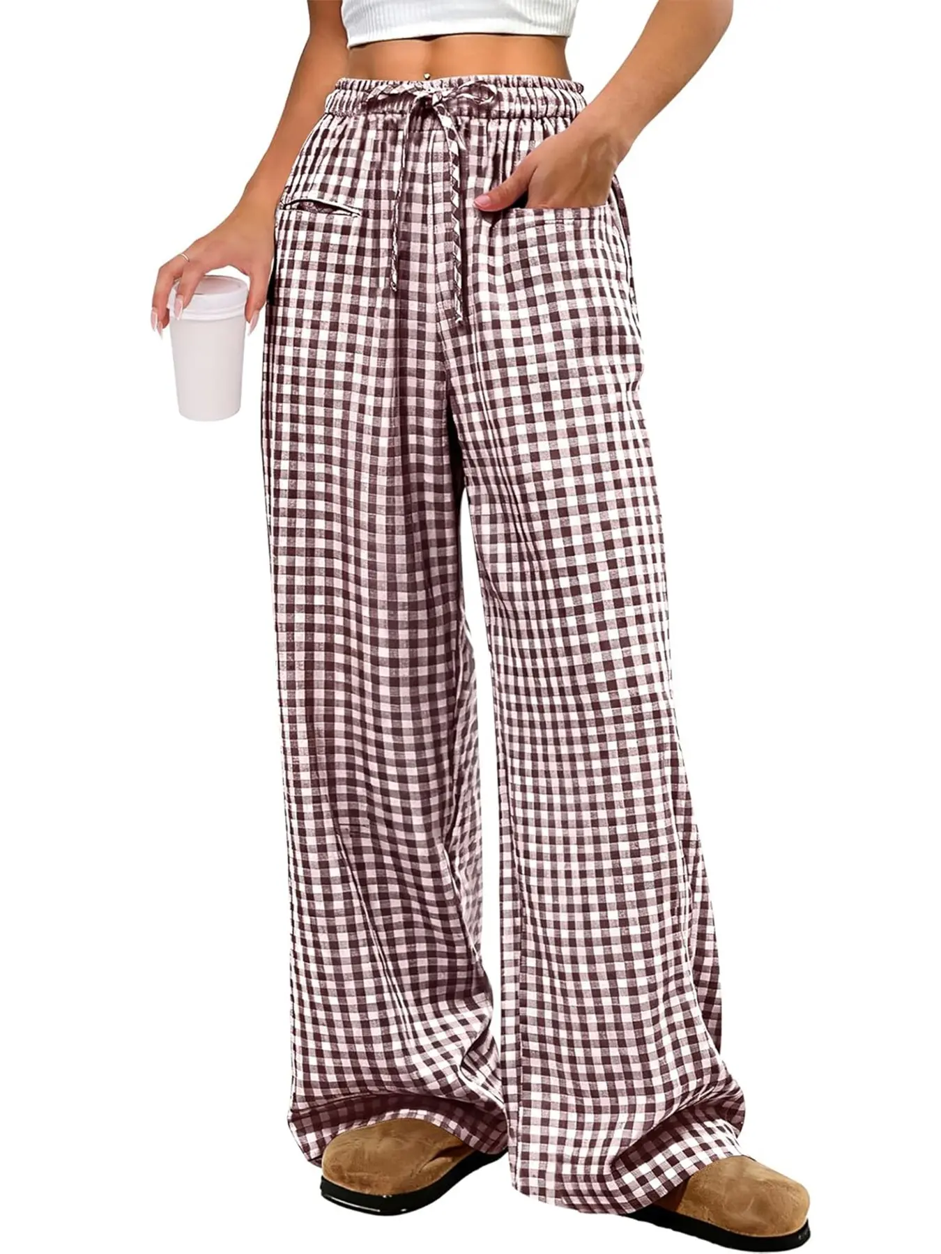 Women's Plaid Wide Leg Pants, Casual Loose-Fitting Drawstring Design, Comfortable Elastic Waist with Pockets, All Seasons Fashion, Womenswear, Casual Elastic Waisted, All Season Trousers, Casual Comfy Pocket