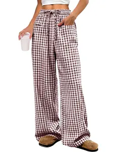 Women's Plaid Wide Leg Pants, Casual Loose-Fitting Drawstring Design, Comfortable Elastic Waist with Pockets, All Seasons Fashion, Womenswear