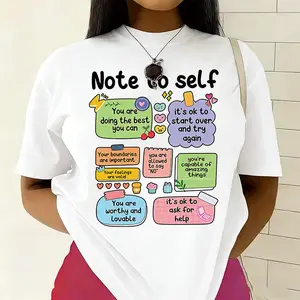 Note To Self Positive Affirmation Graphic Tee for Women Sticker Style White Oversized Top Mental Health Self-Care Gift T-Shirt Printed Soft Comfortable Cotton Casual Short Sleeve Crew Neck Star Round Cute Heart and Dog Print - Sweatshirt, Womenswear