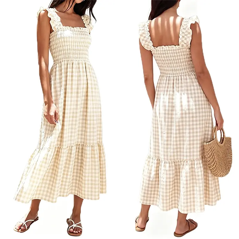 Lady's Gingham Print Outdoor Midi Dress - Square Neck Ruffle-Strap, Smocked Waist, Flowy Tiered Swing Style for Beach Vacation, Daily, Sleeveless, Synthetic Fiber, Casual Wear, Comfortable, Elastic, Women, Piece, Outdoors, Tiered Layers, Synthetic Fibers,