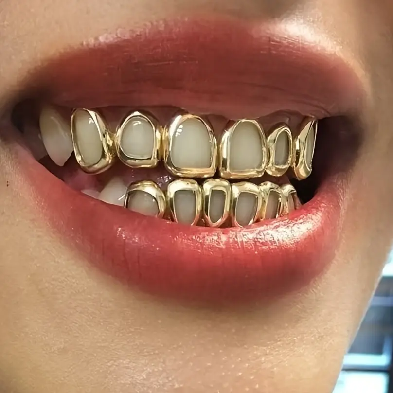 Unisex Golden Hollow Hip-Hop Tooth Grilles - 2-Piece Dental Accessory, Tooth Gems, Body Jewelry for Holiday Party Costume Styling & Gifting, Teeth Accessory, Wearable