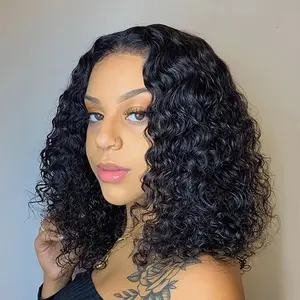 Short Water Wave Lace Front Wigs 13x4 Free Part Loose Curly Wave Bob Wig Pre Plucked Baby Hair Natural Hairline Synthetic Heat Resistant Fiber Black Color Hair Glueless Replacement Wig for Women Daily Party Use Ready to Wear 14 Inch 180% Full Density
