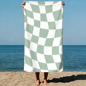 Checkerboard pattern: Alternating green and white squares, geometric abstract art style. Sand-Free Beach Towel | Ultra-Light Microfiber | Quick-Dry, Compact for Travel