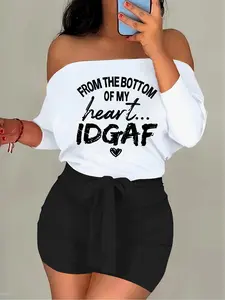 Women's Heart & Letter Print Off Shoulder Crop Top & Skinny Shorts Two-Piece Set, Casual Fashion Cozy Top & Shorts for Daily Outdoor Wear, Ladies Clothes for All Seasons, Suits