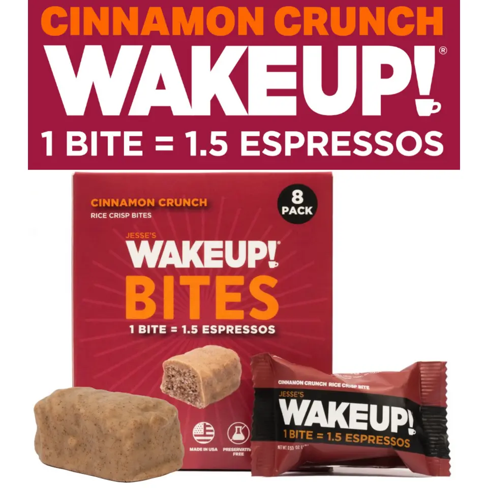 WAKE UP! Caffeinated Cinnamon Crunch Protein Bites - Gluten Free, Vegetarian, 175mg Caffeine (1 Bite = 1.5 Espressos) - Boosts Focus and Clarity - Kosher Ingredients - 8 Pack