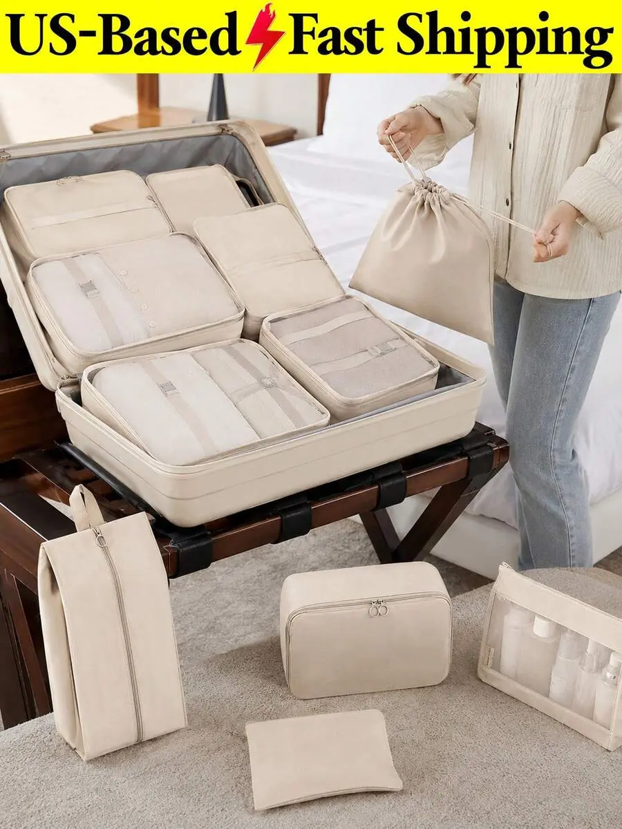 9Pcs Travel Packing Organizer Set, Beige Luggage Cubes With Mesh Clothes Bags, Shoe Bag, Toiletry Pouch & Drawstring Storage Bags