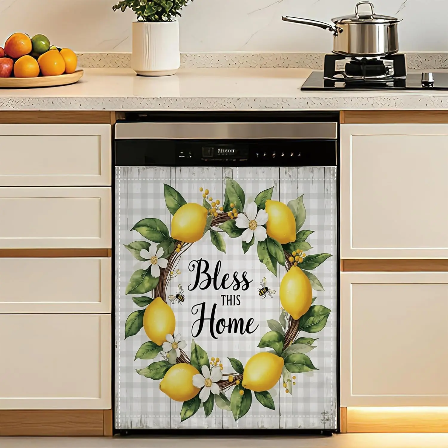Farmhouse Lemon Metal Rectangle Dishwasher Magnet Cover - 23x26 Inch Waterproof Reusable Kitchen Decor, Bless This Home Magnetic Panel for Refrigerator, Home Supplies Gift