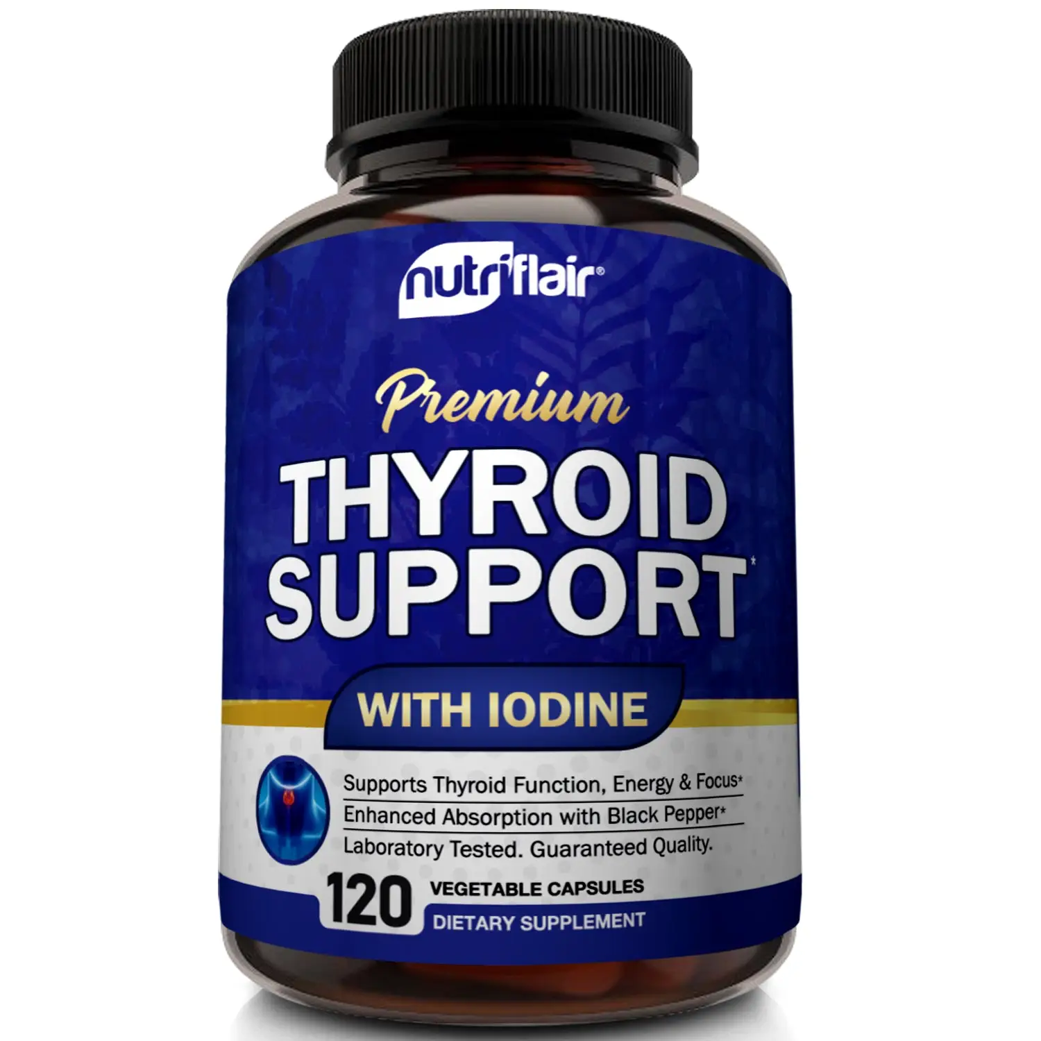 NutriFlair Thyroid Support with Iodine and BioPerine and Proper Hormone Function Vitamin Supplement, Natural Dairy Free & Vegan Friendly -120 Capsules