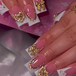 Heart Bow & Rhinestone Decor Press on Nails, 24pcs Elegant False Nails with Nail File & Tape, Nail Art Decoration for Women and Girls