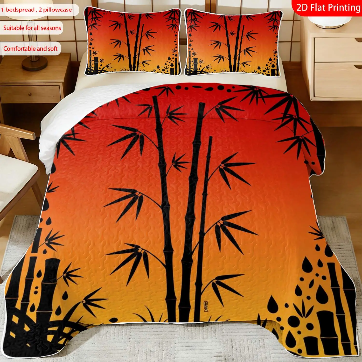 3 pcs, 2D flat print Bamboo Pattern Bed Cover Set, Red Sunset Theme, Multiple Sizes Available, Bedding Set, Festive Decorative Bedding, Ideal for Bedroom Décor(1 bedspread , 2 pillowcase)