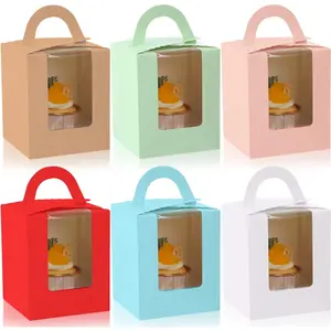 60 count Individual Cupcake Boxes Single Colourful Cupcakes Containers with Insert Window and Handle  Cupcake Holders Portable Cupcake Carriers for Bakery Wedding Party Favor (6 Colors)