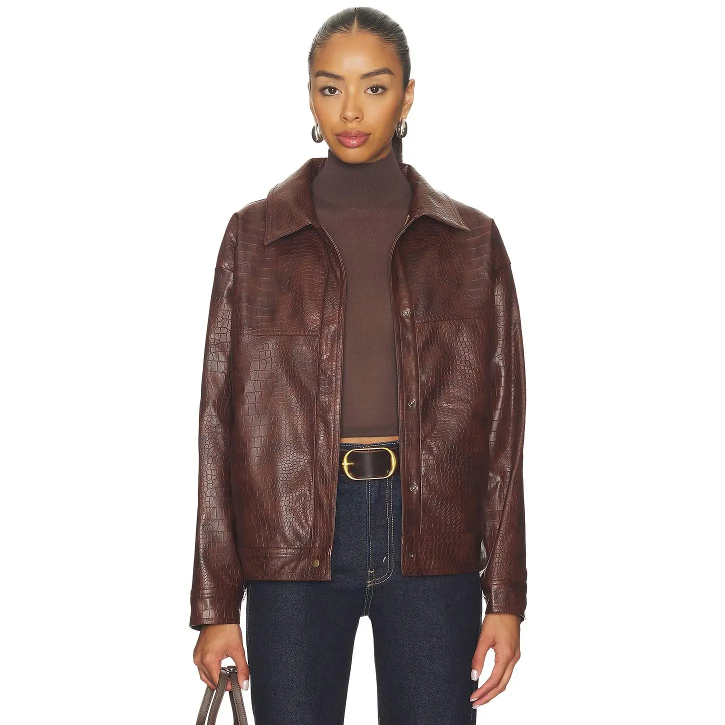 SNDYS Wendy Croc Pu Leather Jacket in Brown