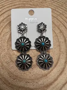 3 Concho Dangle Earrings with Faux Turquoise - 2 1/4 inch drop