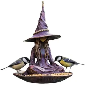 Meditating Witch Garden Hanging Bird Feeder, Creative Purple Hat Witch Wild Bird Seed Tray for Outside with Rope Hanger, Unique Zen Garden Decor, Outdoor