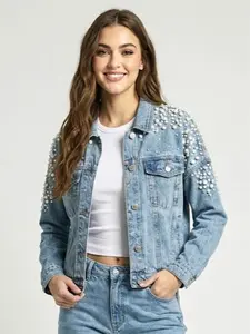 Pearl Embellished Vintage Denim Jacket for Women, Oversized Stacked Denim Jacket, Casual Button Front Denim Shirt Graphic  Jacket, Cropped Retro Pearl Denim Coat, Loose-Fit Vintage Outerwear for Casual & Stylish Outfits - 26011 Outdoorfun Curvy Feminine
